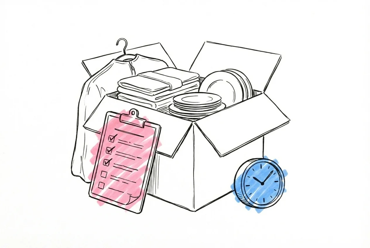 Prydligt packad låda med vikta linneservetter, staplade tallrikar och en klädpåse, checklista fastsatt på sidan med en klocka bredvid