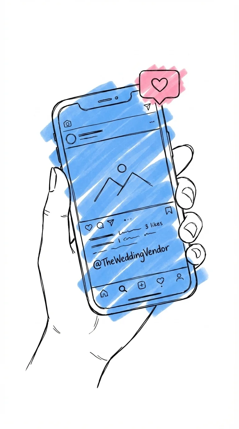 Telefon i hand med Instagram-inlägg och taggat leverantörsnamn, liten hjärt-notifikation ovanför