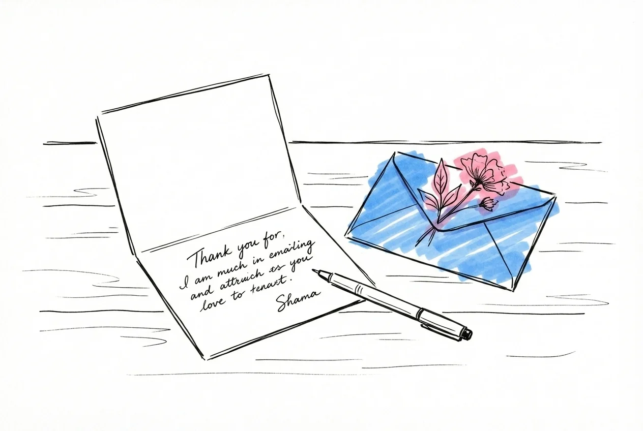 Handskrivet kort på skrivbord bredvid kuvert, penna och liten torkad blomma