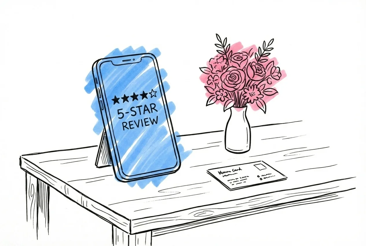 Telefonskärm med femstjärnigt omdöme bredvid en liten bukett och ett visitkort