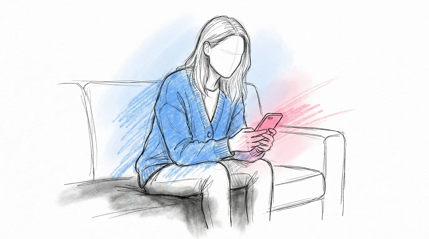 Person som sitter tyst med sin mobil efter att ha läst en fråga om att bli tärna eller best man, i ett stilla, eftertänksamt ögonblick, i Lovios rosa och blå illustrationsstil