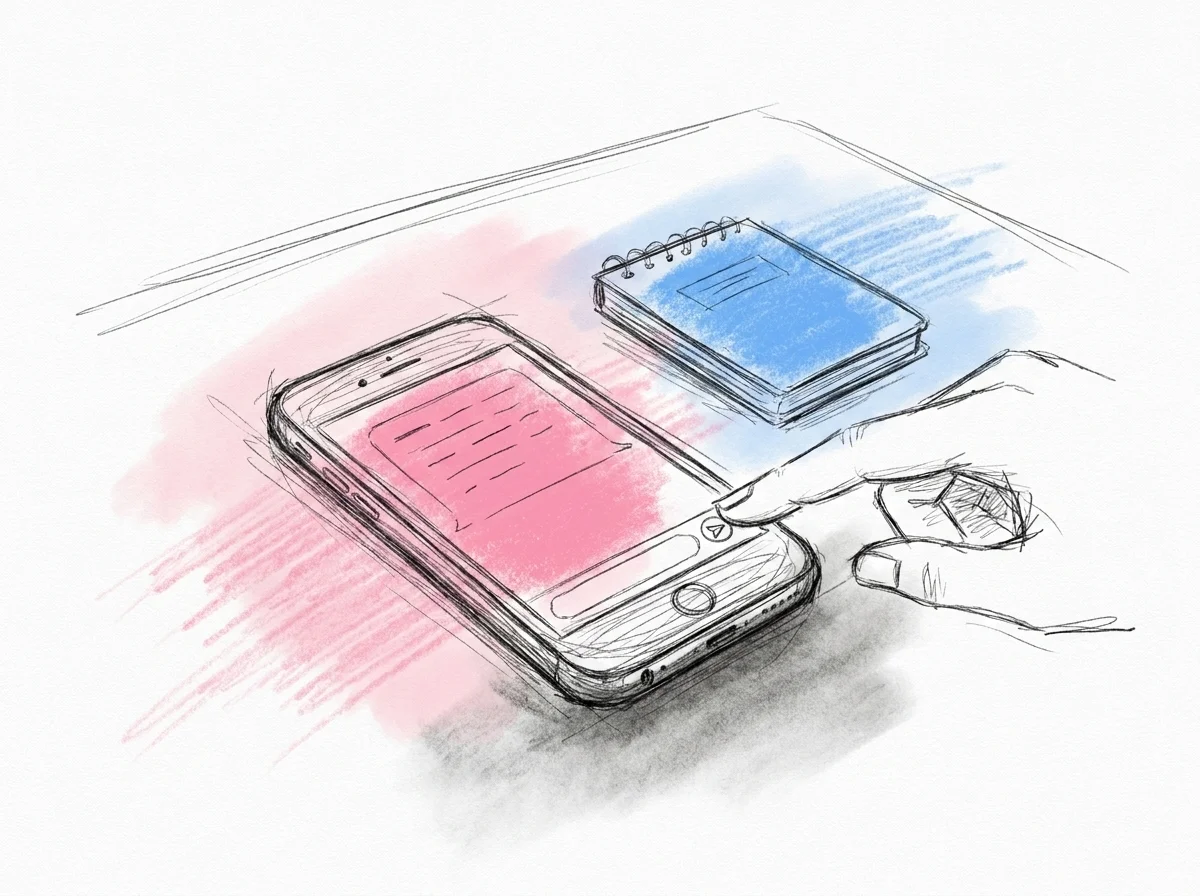 Närbild på en mobilskärm med ett färdigskrivet, vänligt textmeddelande redo att skickas, en hand vid sidan om