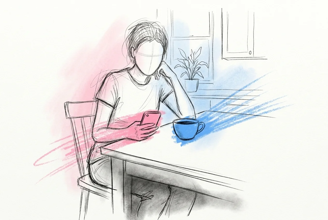 Person som skriver ett svarsmeddelande vid ett köksbord, med en kopp kaffe bredvid, lugnt och eftertänksamt