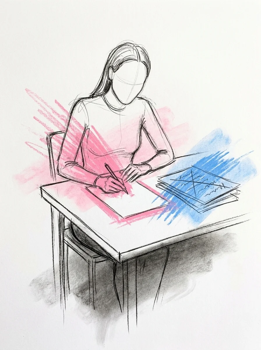Person vid ett bord med några överstrukna utkast till ett långt, för utförligt meddelande, i färd med att välja den korta versionen i stället