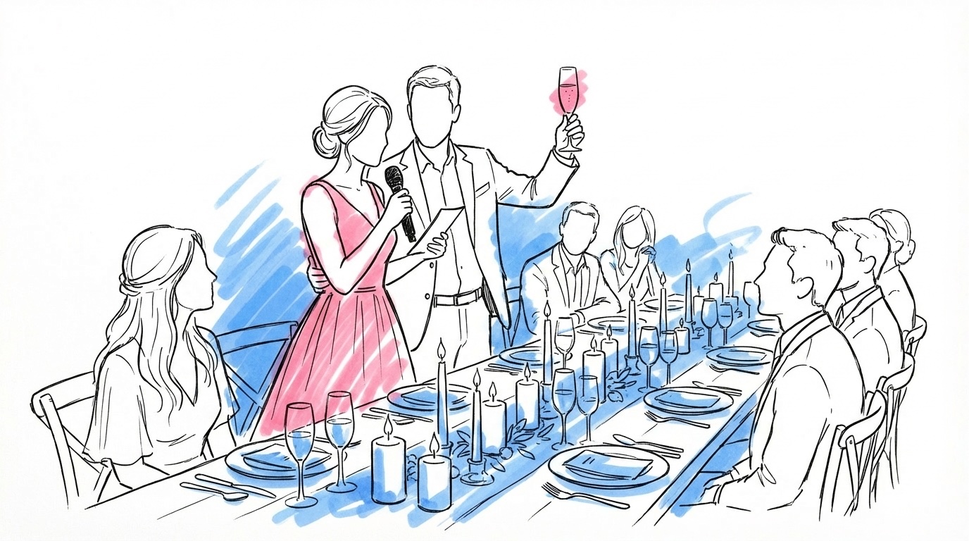 Brudpar som reser sig vid bröllopsmiddagen för att hålla tacktal med glas i handen, i Lovios rosa och blå illustrationsstil
