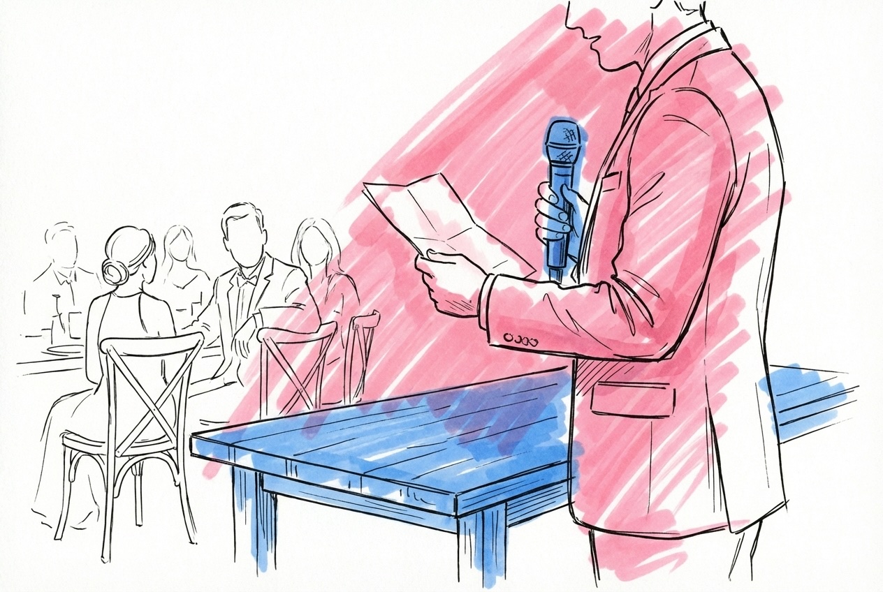 Brudpar som håller ett tal vid mikrofonen med manus i handen, i Lovios rosa och blå illustrationsstil