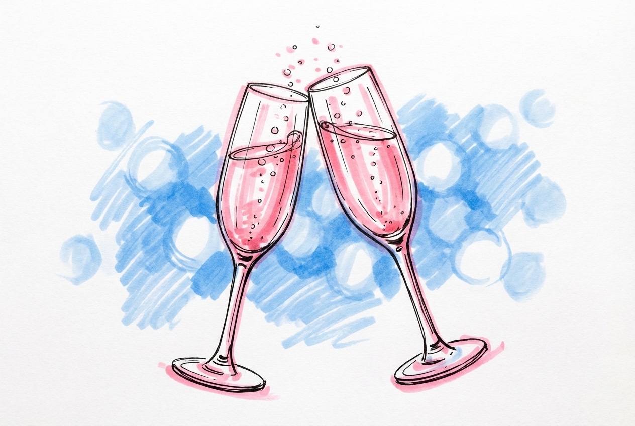 Brudpar som höjer champagneglas i en skål framför applåderande gäster i Lovios rosa och blå illustrationsstil