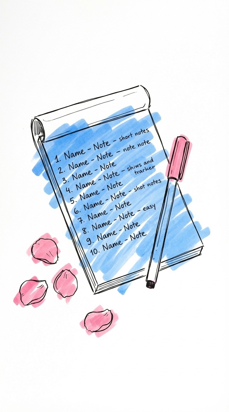 Checklista med namn och grupper att tacka i tacktalet, illustrerad i Lovios rosa och blå stil