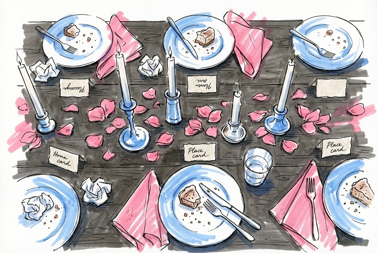 Bröllopsmiddag med gäster vid ett dukat bord och ett brudpar som reser sig för att tala, i Lovios rosa och blå illustrationsstil