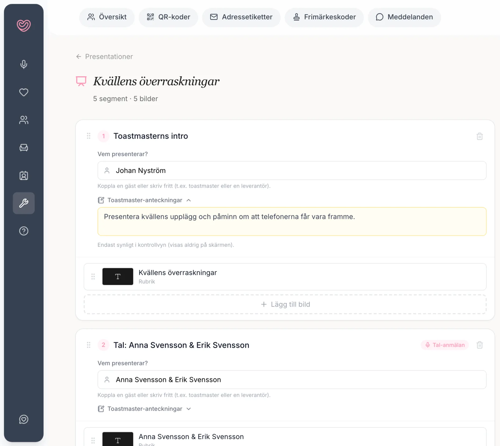 Toastmasterns vy med kvällens anmälda tal och programpunkter