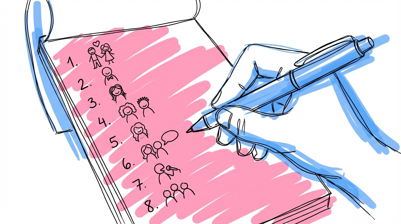 En hand skriver en numrerad lista 1–8 på ett planeringsblad med små ikoner som representerar olika talare bredvid varje nummer