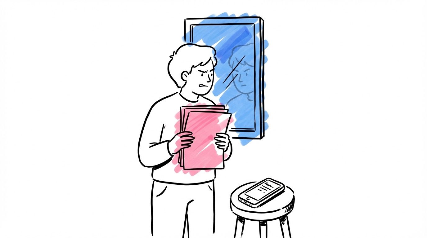 Illustration av person som övar bröllopstal framför spegel med manus i hand