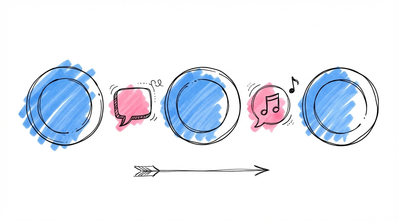 En tidslinje som visar bröllopsmiddagens flöde med tallrikar mat som växlar med pratbubblor och musiknoter