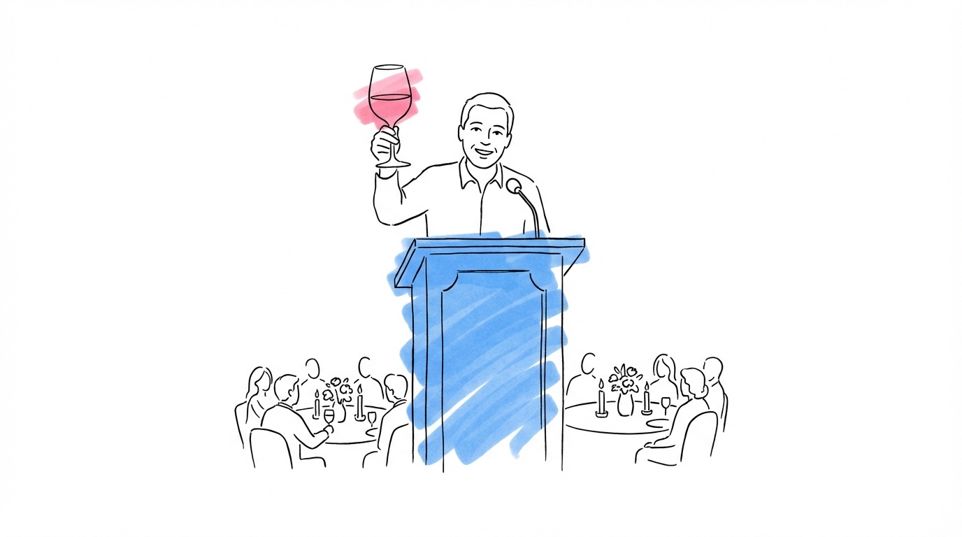 Illustration av en person som håller bröllopstal med mikrofon inför bröllopsgäster