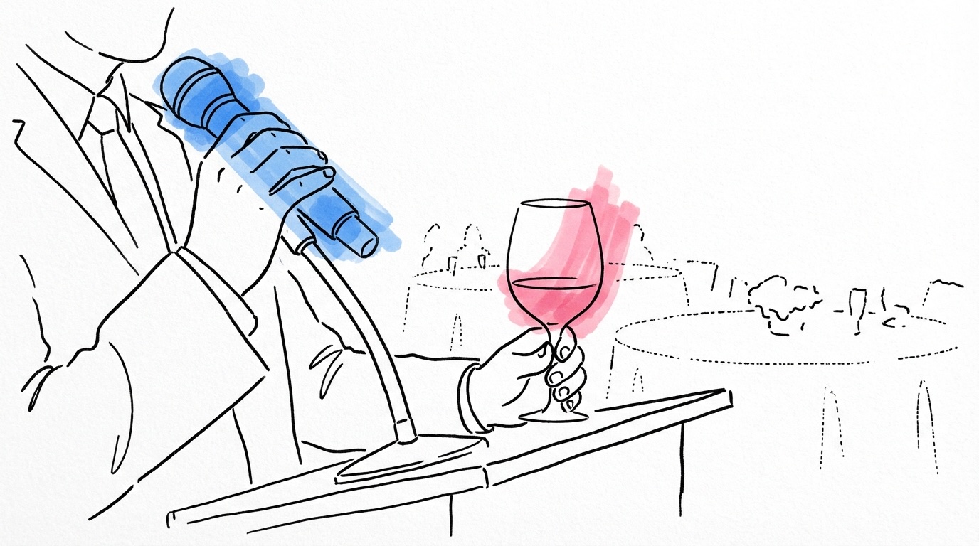 Illustration av talare vid podium med mikrofon och engagerad bröllopspublik