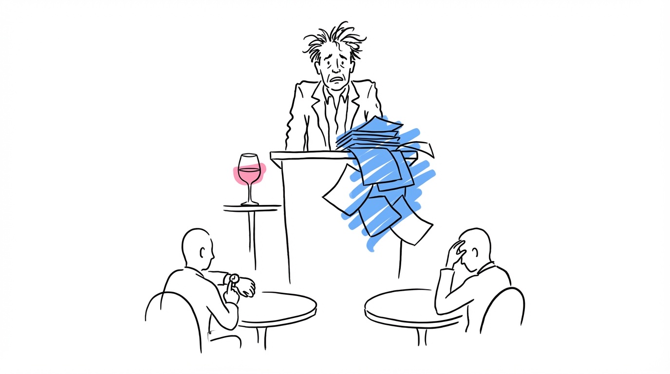 Illustration av talare på bröllop med nervös kroppsspråk och vanliga fällor