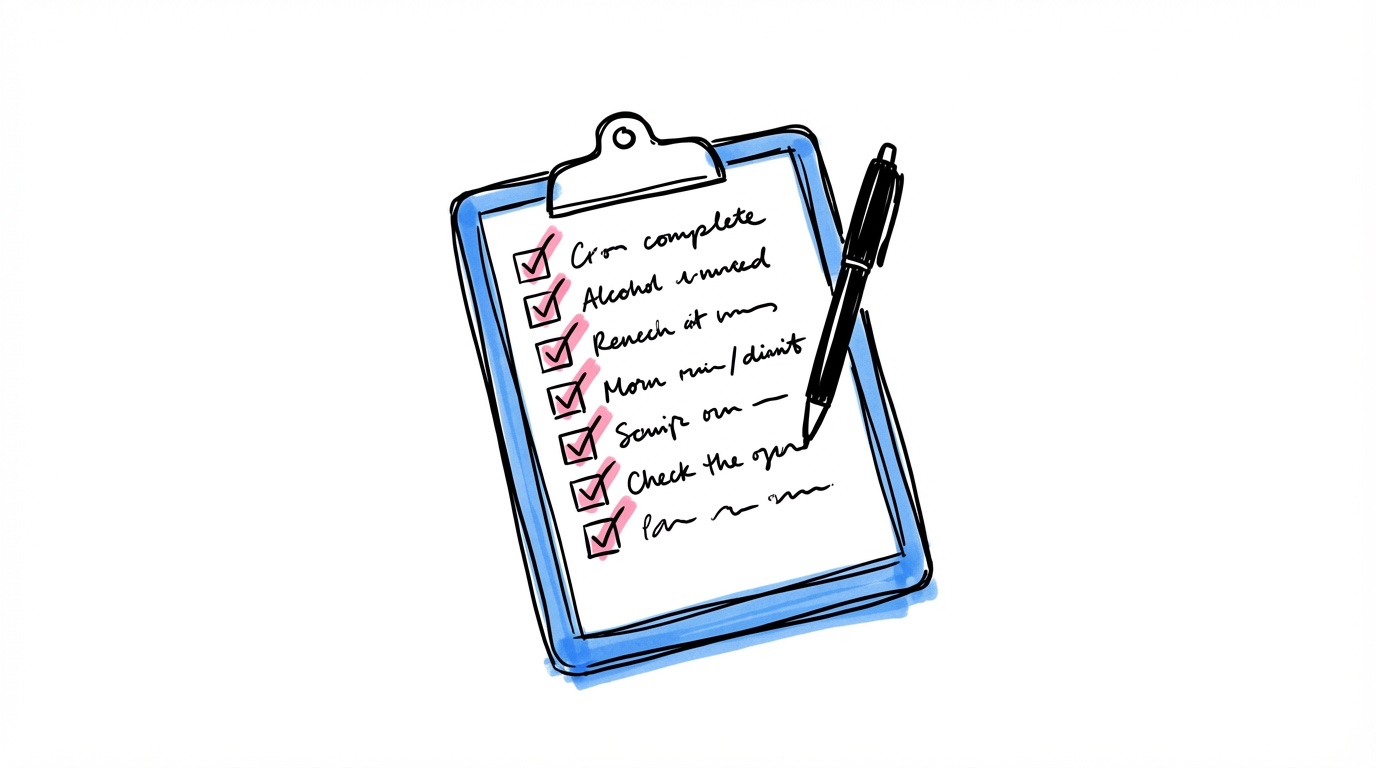 En vacker checklista på en clipboard med bockar bredvid varje punkt, en penna vilar ovanpå — organiserad och klar känsla
