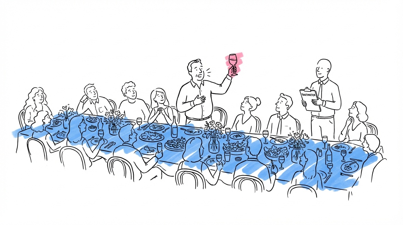 Illustration av bröllopsmiddag med talare och gäster vid festdukade bord