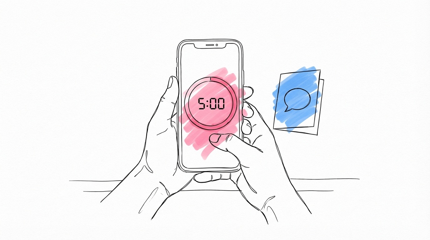 Närbild på händer som håller en telefon med en stoppur på 5 minuter, ett talarkort syns bredvid