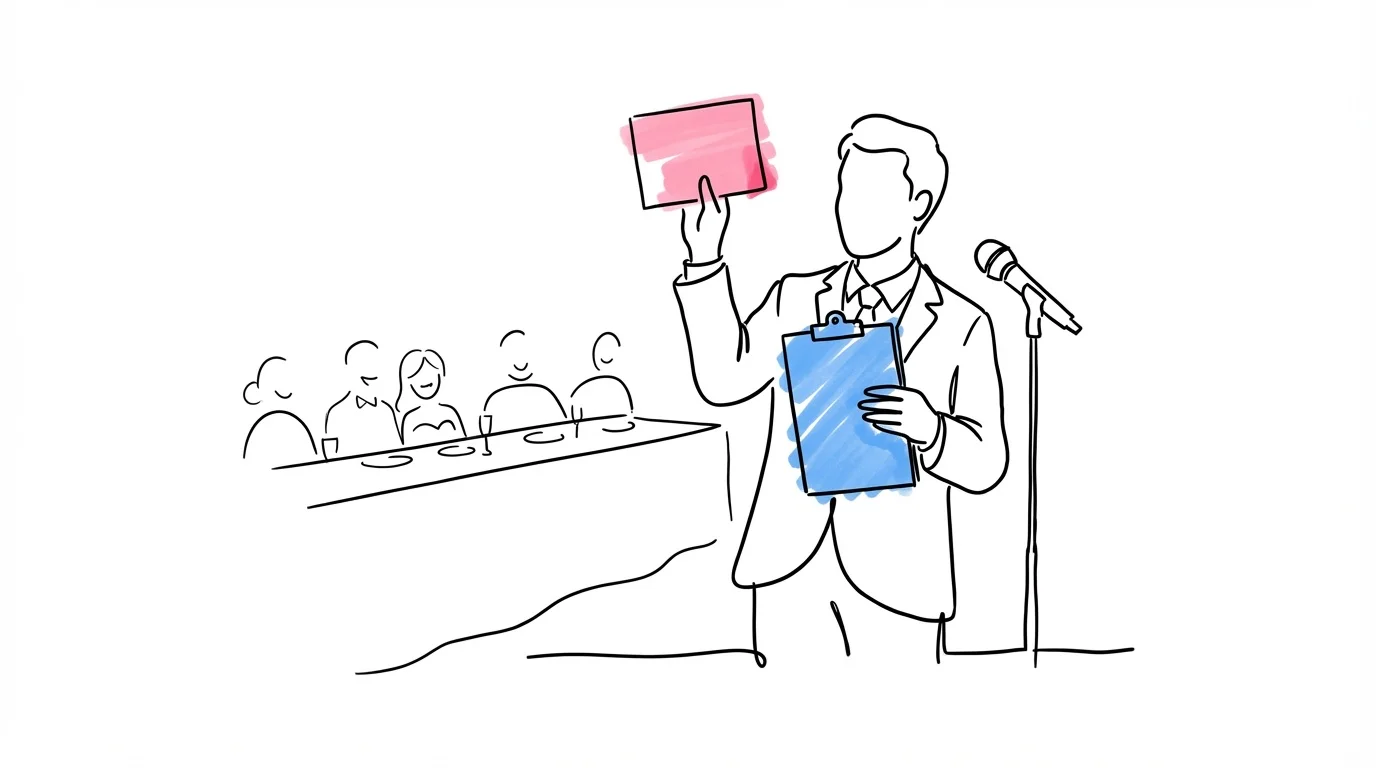 En självsäker toastmaster med clipboard i ena handen och ett färgat signalkort i den andra, ett mikrofonstativ bredvid