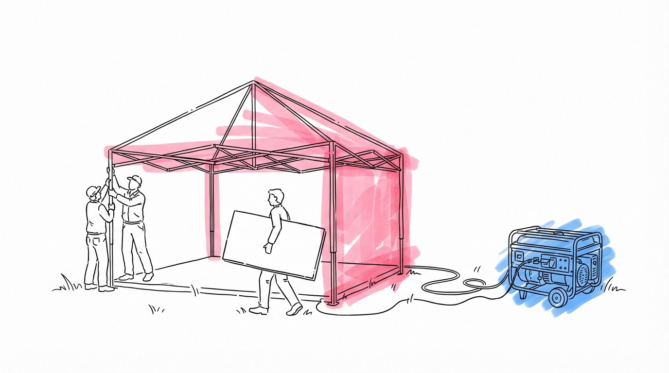 Fågelperspektiv av tältförberedelser: arbetare lägger golvplattor, elkabel leder till en generator, toalettvagnar positioneras