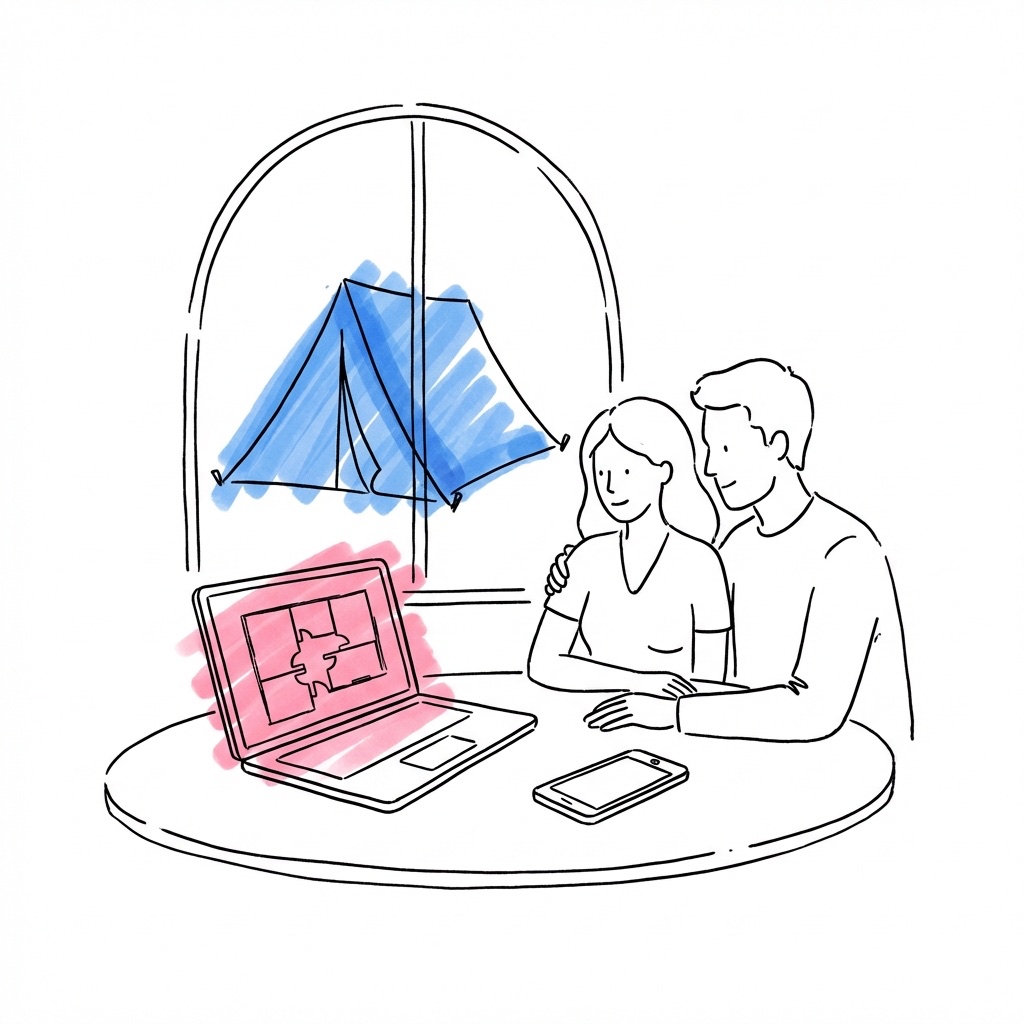 Par vid ett bord med laptop och telefon granskar en planritning, tältkontur synlig genom fönstret bakom dem