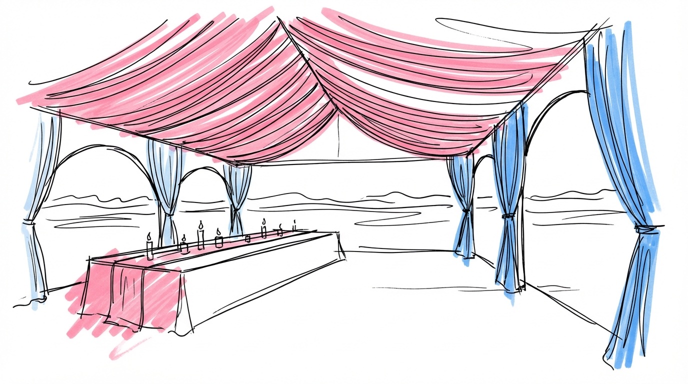 Interiör av bröllopstält i skymning med ljusslingor i taket, stearinljus på långbord och genomskinliga draperier vid tältstolparna