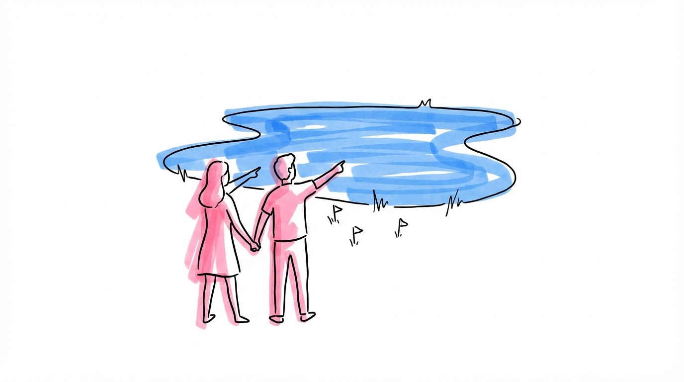 Ett par på en öppen äng vid en sjö pekar och gestikulerar medan de planerar var tältet ska stå, markeringspinnar i marken