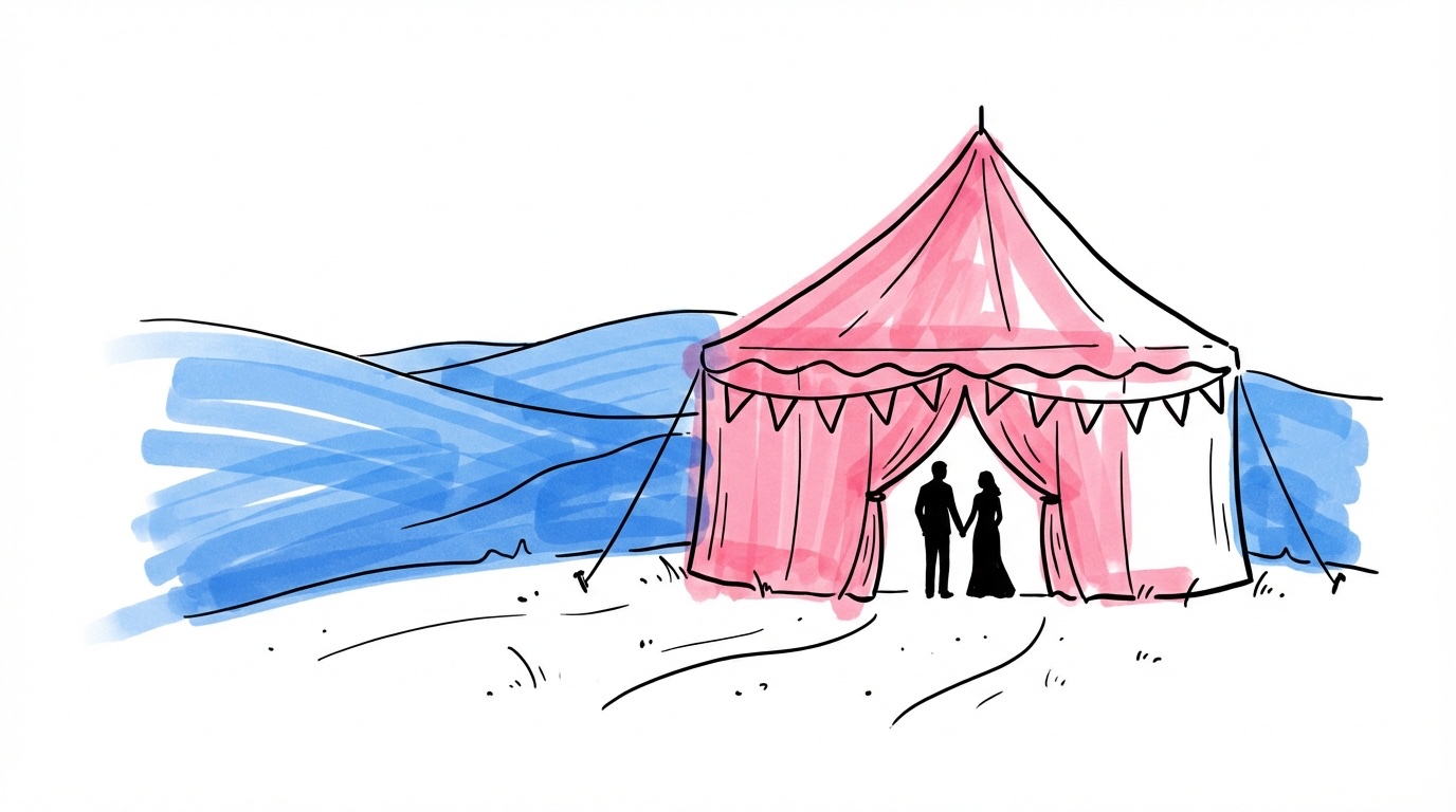 Bröllopstält på en solbelyst äng med kullar i bakgrunden, öppna sidor visar dukade bord och ett par vid ingången