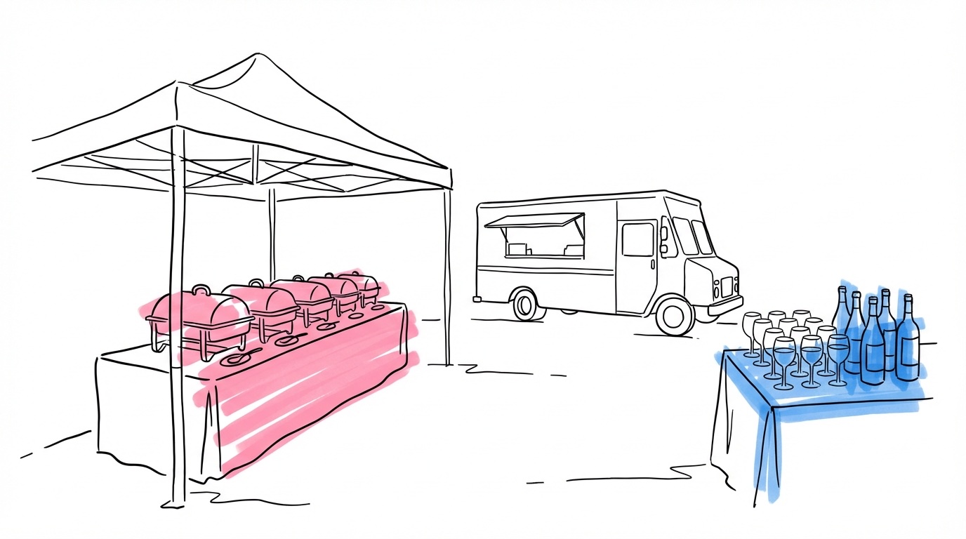 Bufféupplägg under tälttak med serverfat, food truck i bakgrunden och en separat dryckesstation med vinglas och flaskor