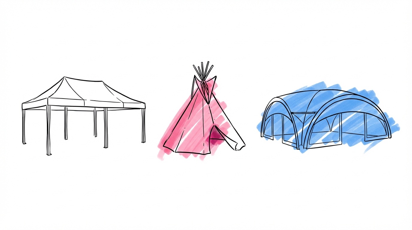 Jämförelse av tre tälttyper: rektangulärt sektionstält, koniskt tipitält och modernt spännvidstält sida vid sida