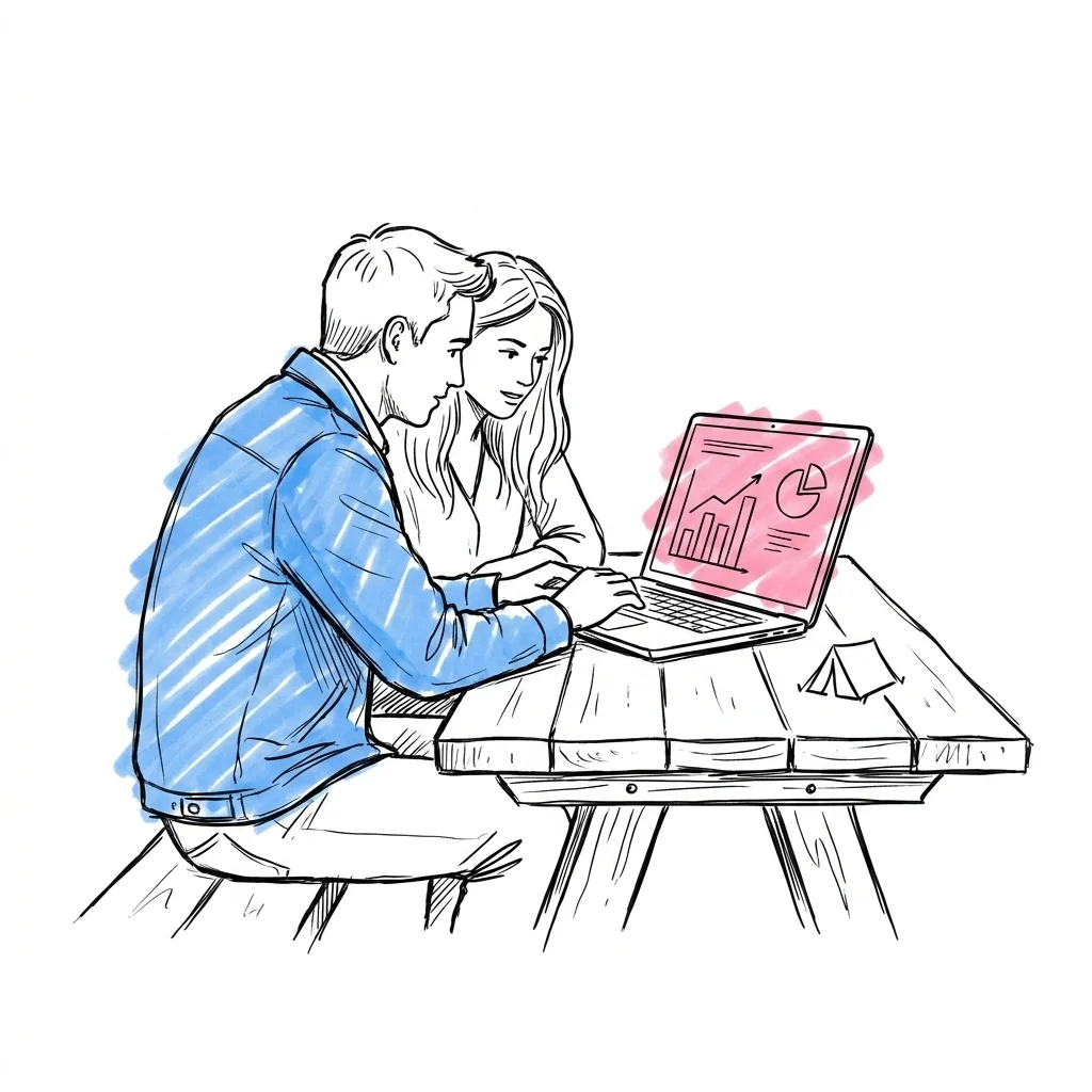 Par vid bord som tittar på budgetöversikt på laptop med tältikon på skärmen