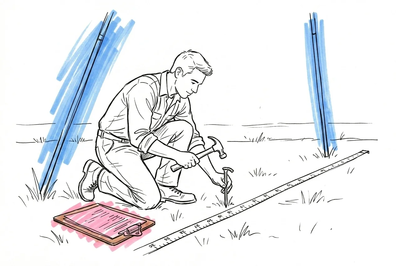 Person i arbetskläder inspekterar marken vid ett fält med tältpålar, checklista i handen