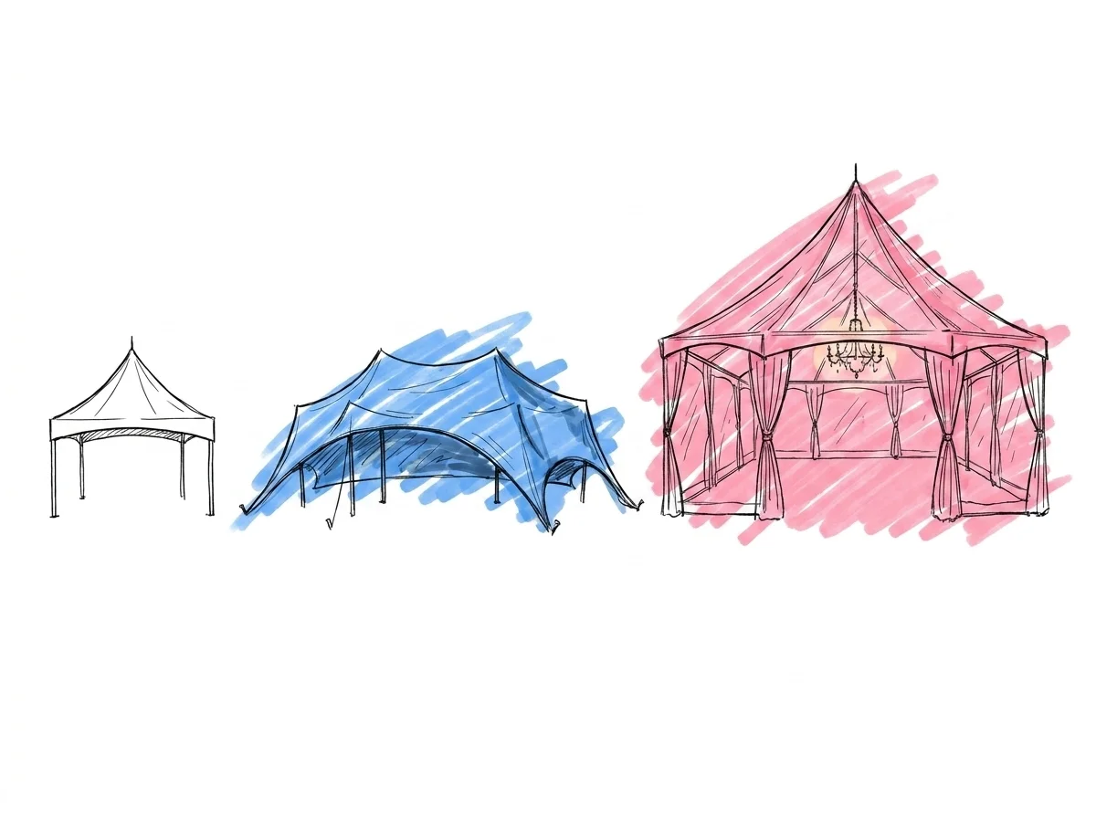 Tre tält i stigande lyxnivå — enkelt partytält, strechtält, glastält med kristallkronor