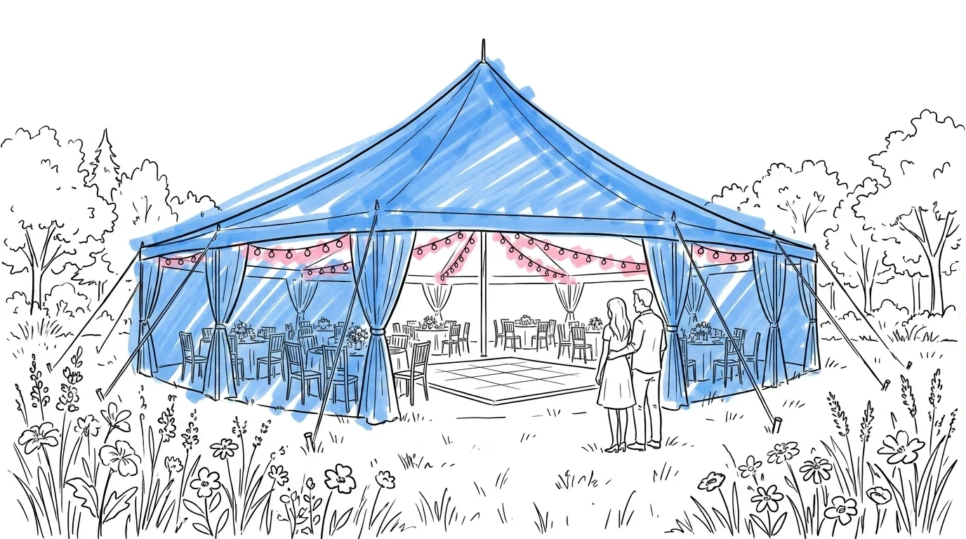 Elegant bröllopstält på äng med dukat bord, ljusslingor i taket och par vid ingången