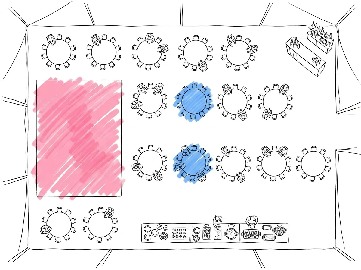 Fågelperspektiv av tältplanlösning med runda bord, dansgolv, buffé och bar