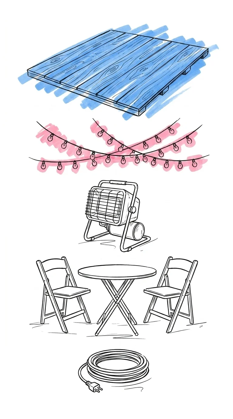 Vertikal illustration av tältinfrastruktur: golvpaneler, ljusslingor, värmare, bord och elkabel