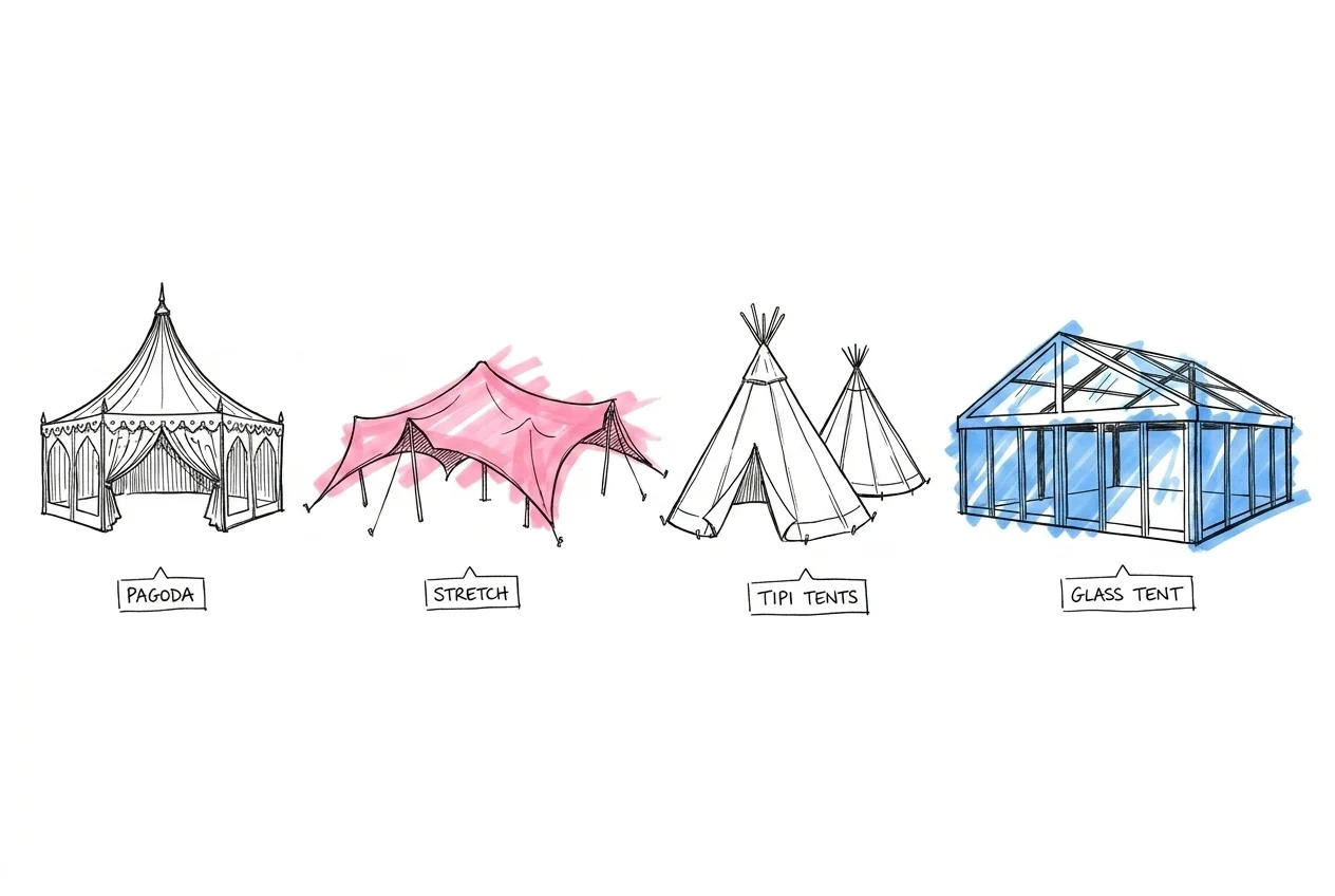 Fyra tältsiluetter sida vid sida — pagodtält, strechtält, tipitält och glastält
