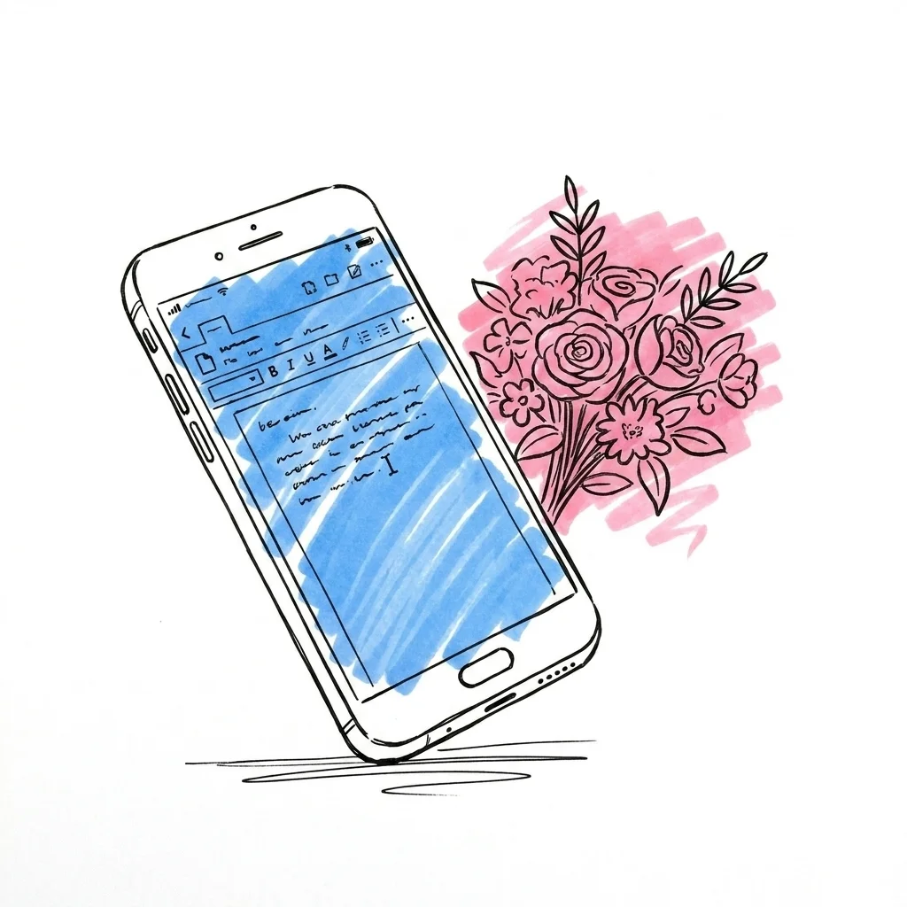 Telefonsk\u00e4rm med ett dokument och textrader och en mark\u00f6r, bredvid en liten bukett, k\u00e4nslan av att ha talet redo och polerat