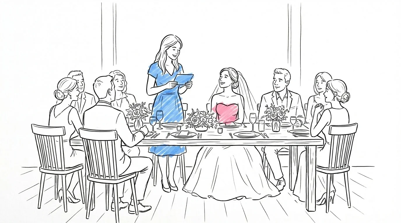 Kvinna st\u00e5r vid ett festdukat bord och h\u00e5ller ett tal fr\u00e5n ett litet kort, bruden bredvid ler varmt, g\u00e4sterna lyssnar