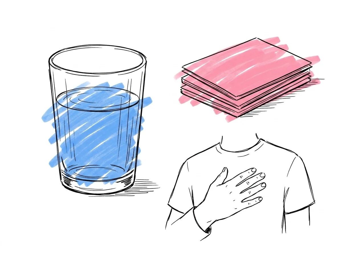 Ett glas vatten, sm\u00e5 st\u00f6dkort och en hand placerad p\u00e5 br\u00f6stet i en andnings\u00f6vning, enkla f\u00f6rem\u00e5l som representerar lugn f\u00f6rberedelse