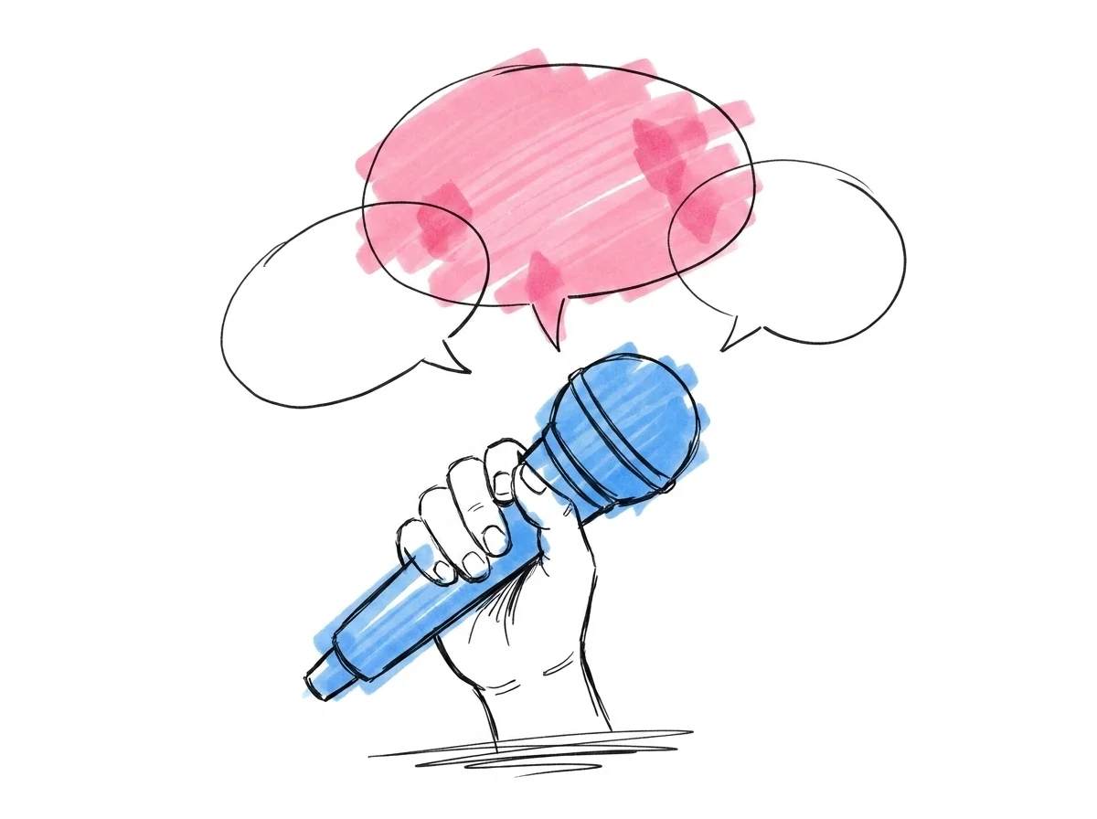 En hand h\u00e5ller en mikrofon, med pratbubblor som stiger upp\u00e5t, kreativ energi och id\u00e9er redo att fl\u00f6da