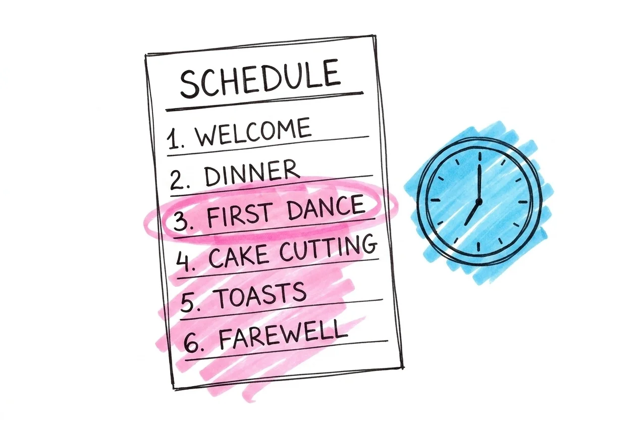 Ett schema eller tidslinje som visar numrerade talarplatser, position 3 \u00e4r markerad, en liten klocka bredvid