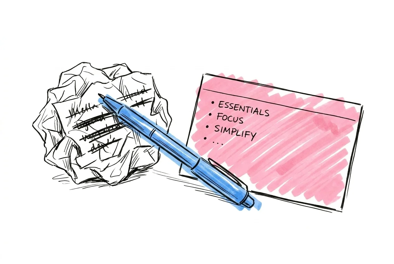 Ett skrynklat papper bredvid ett friskt tomt kort, kontrasten mellan ett f\u00f6rkastat utkast och en ren enkel disposition