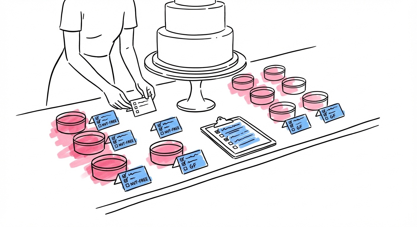 Servering av bröllopstårta med separata allergianpassade portioner