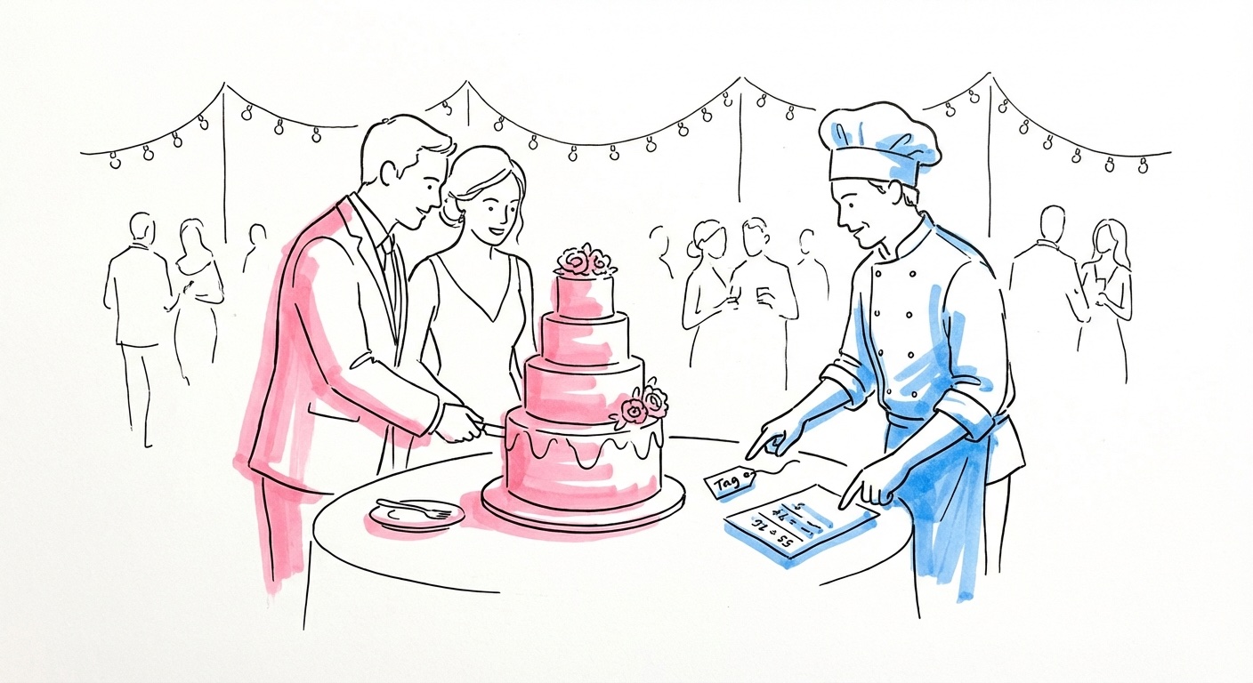 Brudpar och konditor planerar en bröllopstårta och går igenom pris