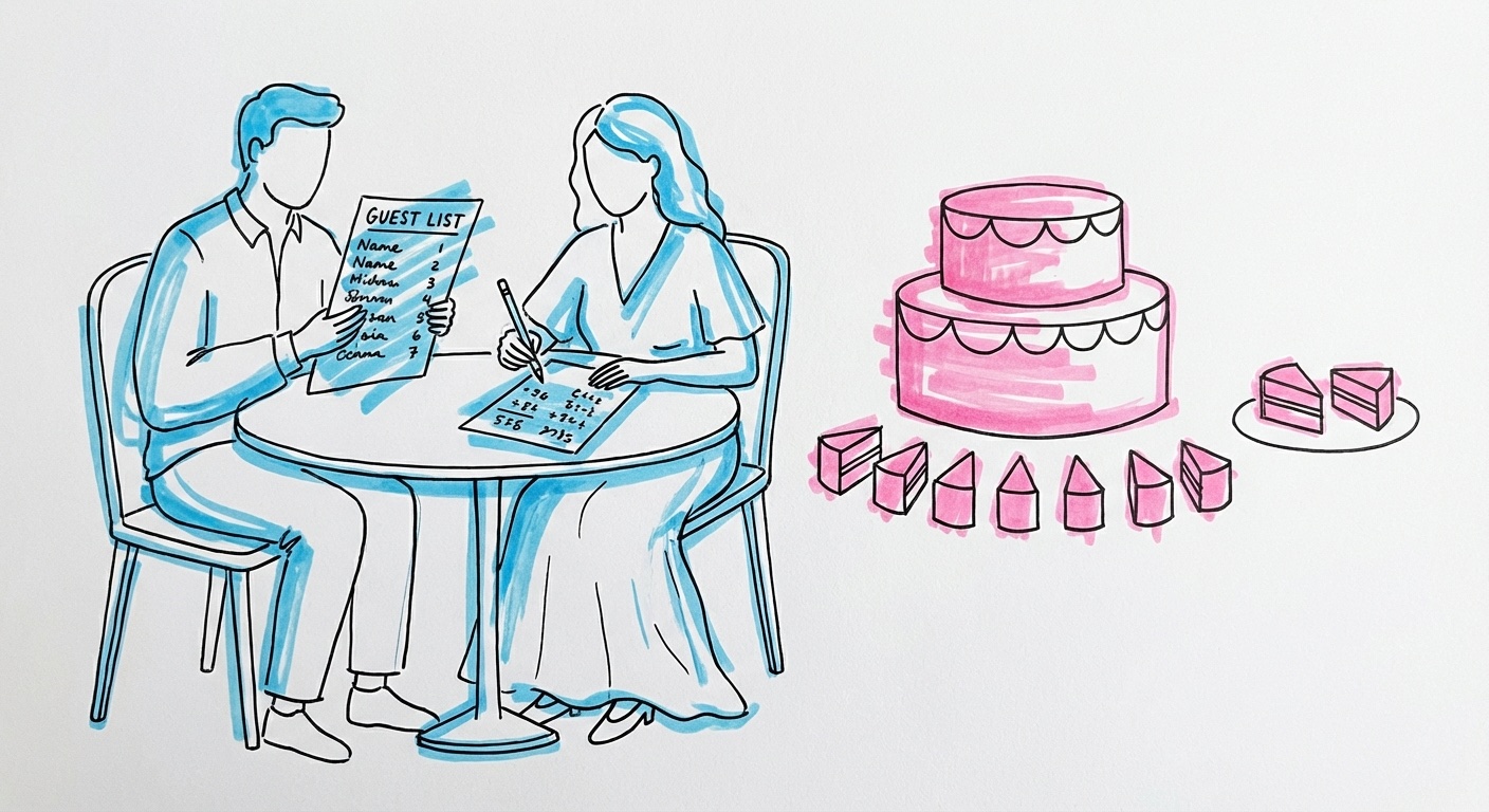 Par räknar antal tårtbitar utifrån gästlista och buffert