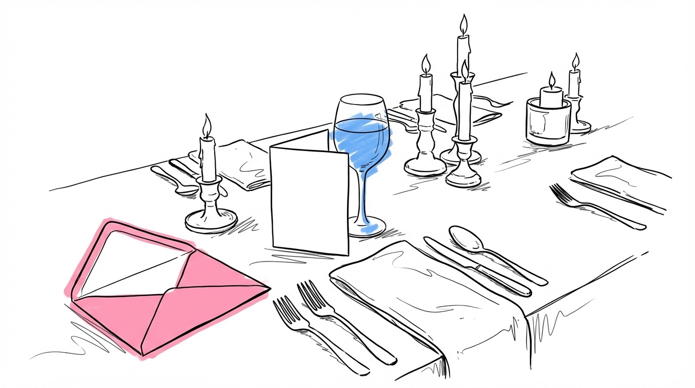 Bröllopstelegram — ett festdukat bröllopsbord med öppet kuvert och kort lutat mot ett glas