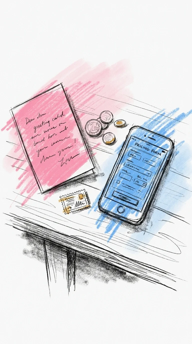 Stilleben med frimärke, mynt, handskrivet kort och telefon med digitalt formulär — bröllopstelegram priser