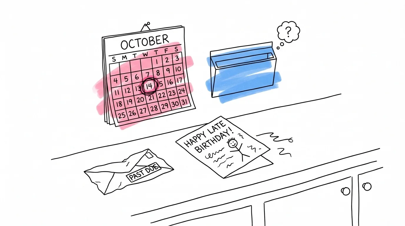 Köksbänk med färdigt kort, kalender och brevlåda — missad deadline för bröllopstelegram